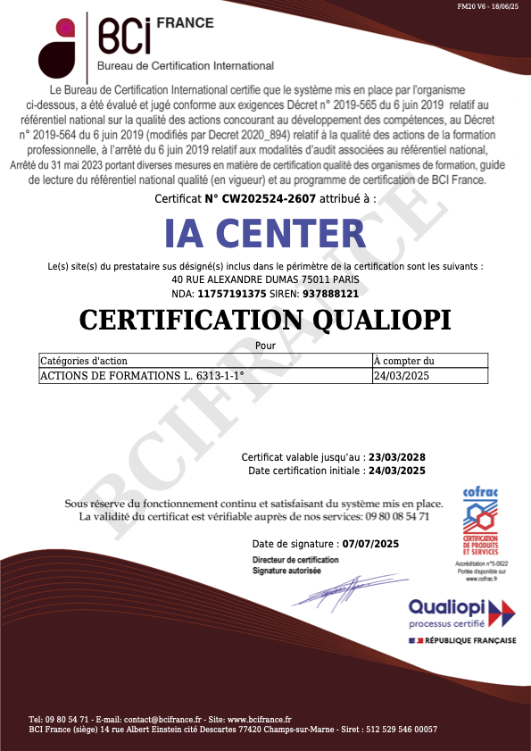 Cliquez pour agrandir l'image Certificat Qualiopi officiel de BCI France pour IA Center - Certificat N° CW202524-2607